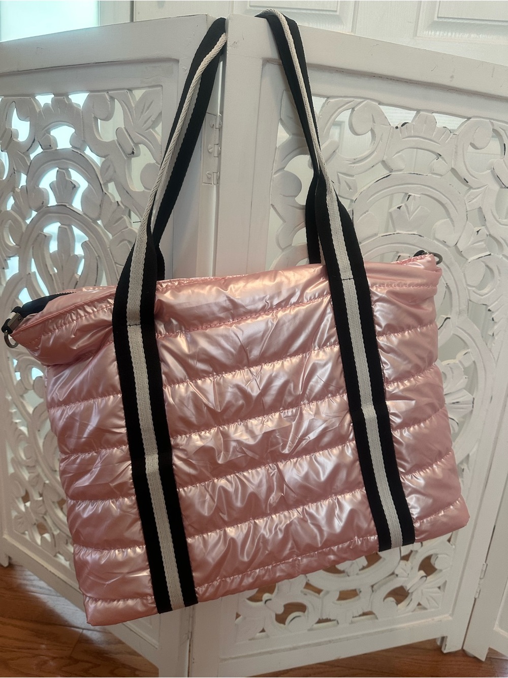 Quilted Shiny Pink Tote Bag with Striped Shoulder Straps
